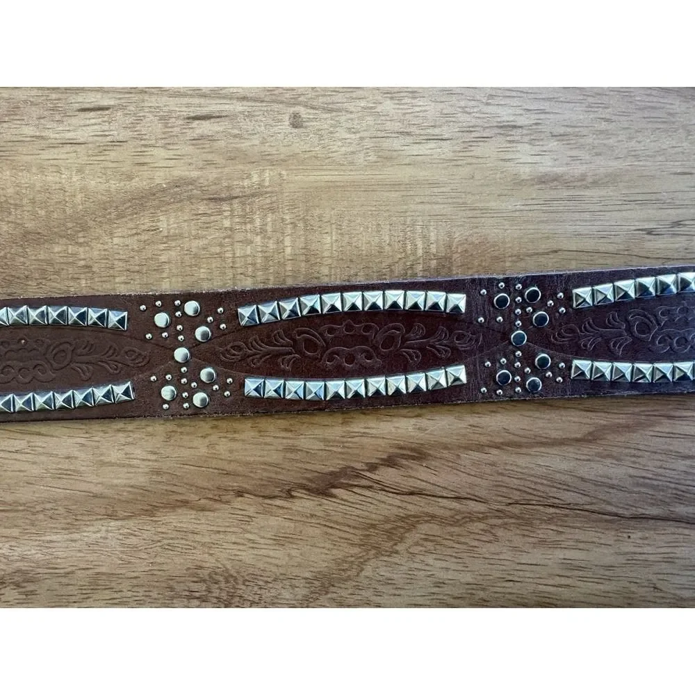 Vintage Brown Leather Studded Belt Silver Pyramid Studs Western Boho Punk Sz 36
